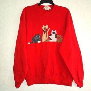 Vtg Orvis Red Crewneck Sweatshirt Womens XL Cat Embroidered Pullover USA 90’s
